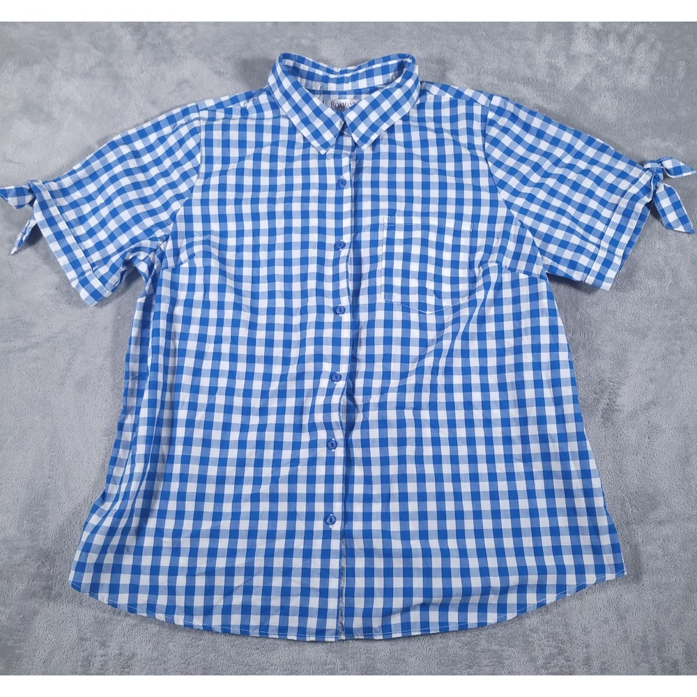 Roaman's Blouse Womens 20W Button‎ Up Blue White Gingham Check Picnic Top Shirt